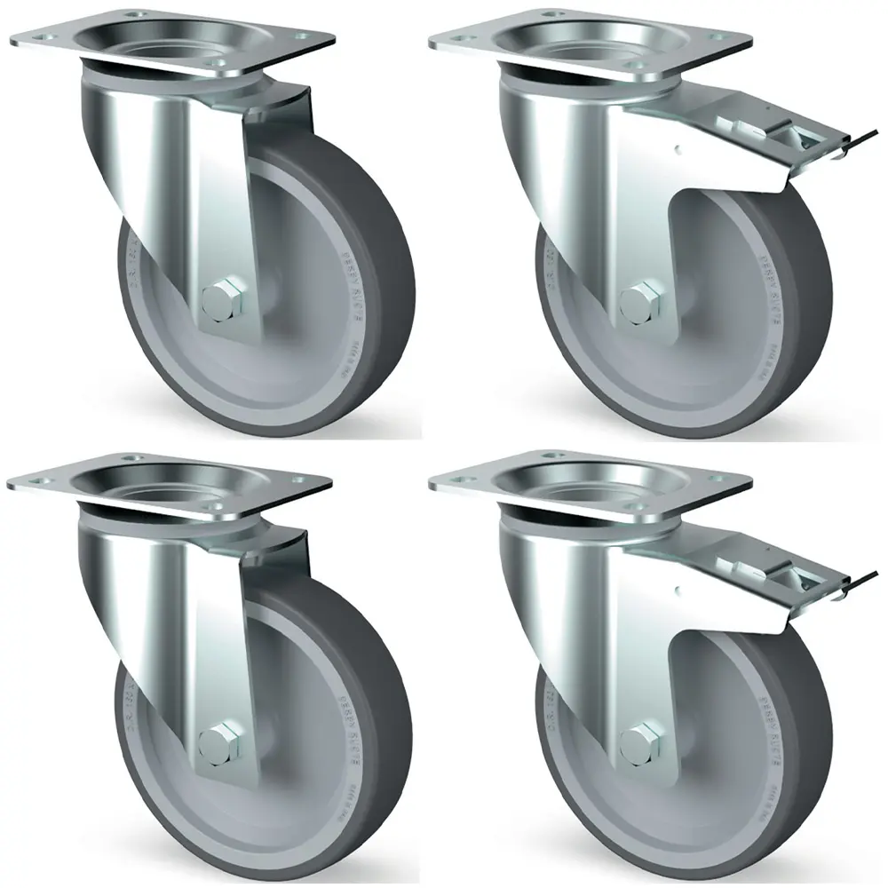 Kit 4 roues inox, pivotantes, 2x freins