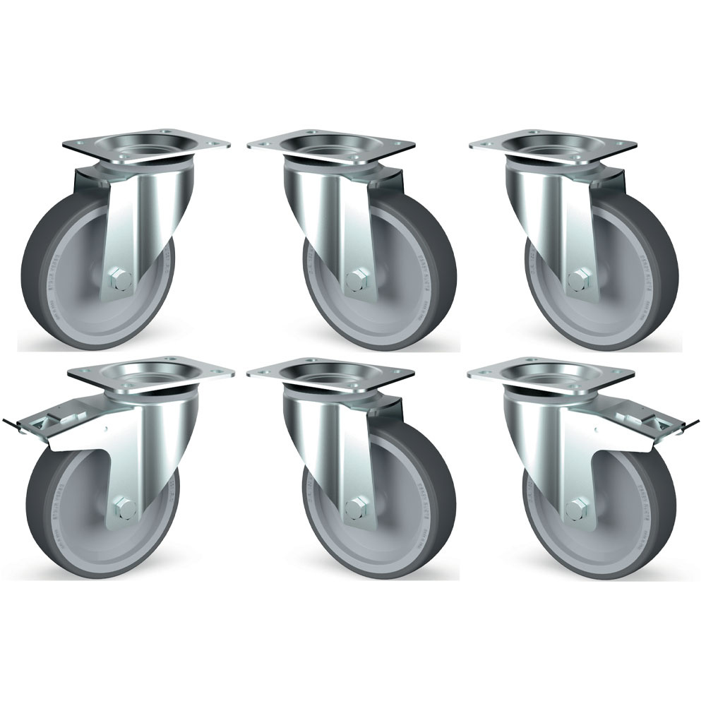 Kit 6 roues inox, pivotantes, 2x freins