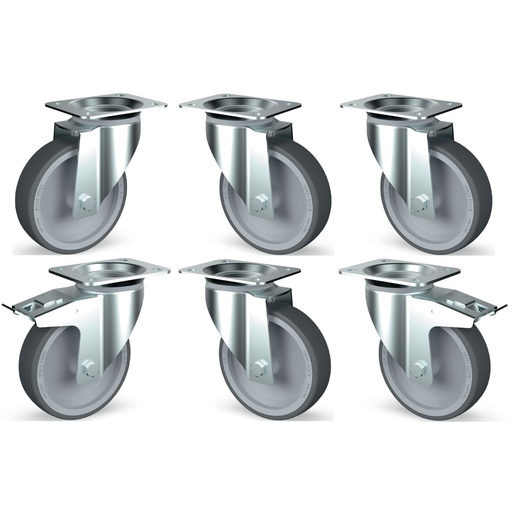 [DI-TIK6-L] Kit 6 roues inox, pivotantes, 2x freins